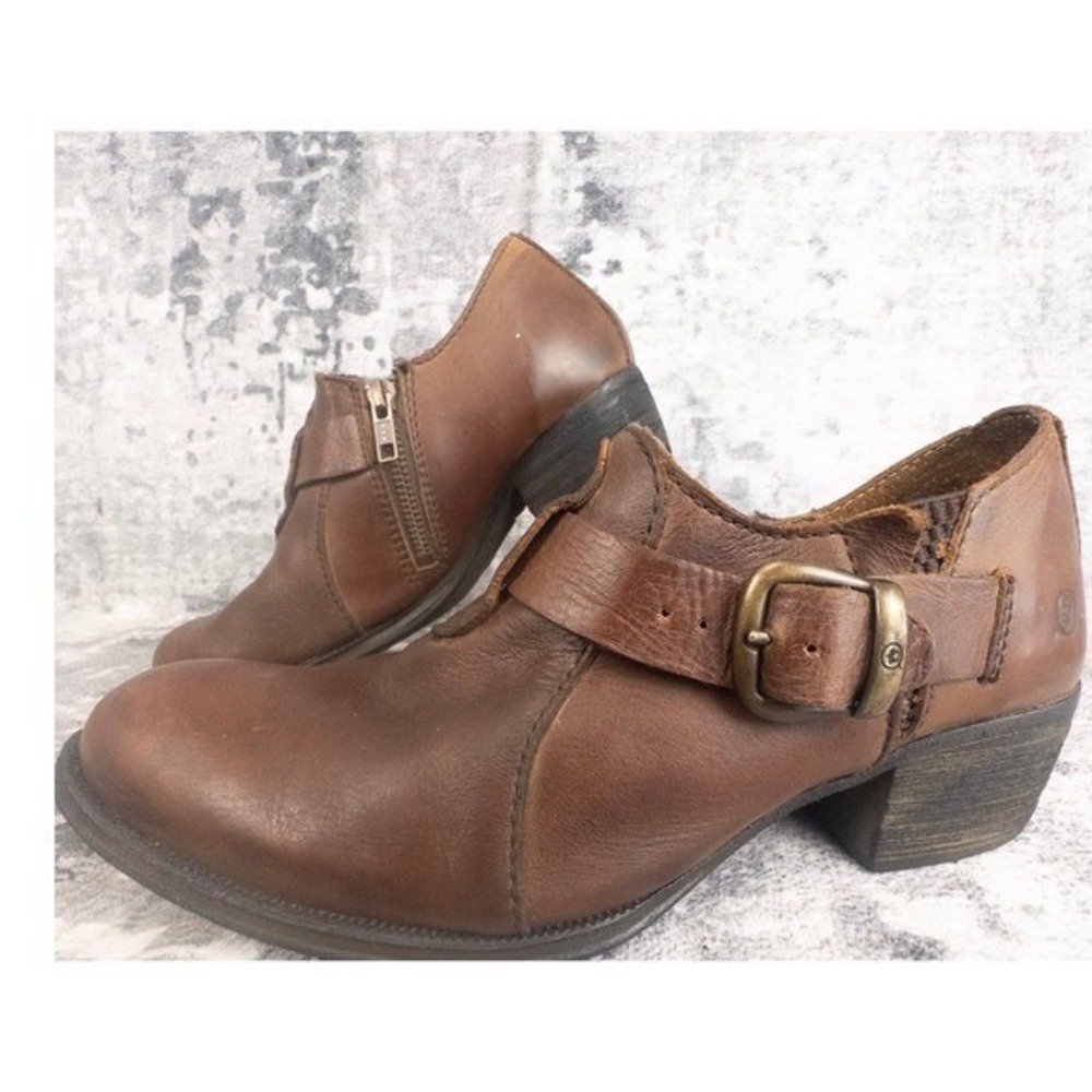 Born Ankle Boots Leather Buckle Zip Side Women Est. Sz 8 Brown Block Heel